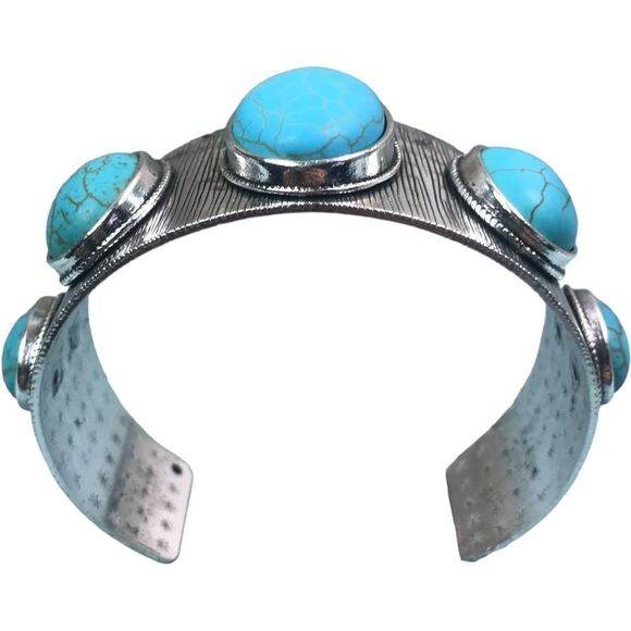 Western Turquoise Cuff- Silver Plated Open Cuff Bracelet | Stagecoach - Picture 6 of 10